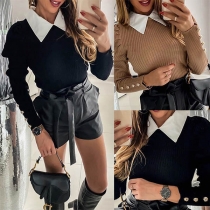 Fashion Puff Sleeve POLO Collar Mock Two-piece Knit Top