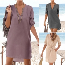 Fashion Solid Color Long Sleeve V-neck High-low Hem Dress