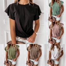 Fashion Solid Color Lotus Sleeve Round Neck T-shirt