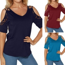 Sexy Off-shoulder Lace Spliced Short Sleeve V-neck T-shirt