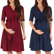 Fashion Solid Color Half Sleeve V-neck Maternity Dress