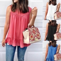 Fashion Solid Color Sleeveless Round Neck Ruffle Hem Top