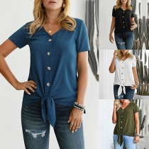 Fashion Short Sleeve V-neck Single-breasted Knotted Hem Top