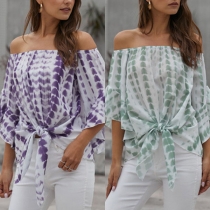 Sexy Off-shoulder Boat Neck Lotus Sleeve Knotted Hem Top