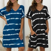 Fashion Short Sleeve V-neck Tie-dye Striped Dress