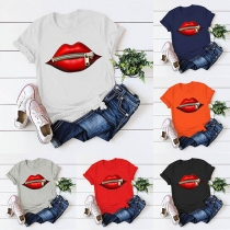 Chic Style Zipper Red-lip Pattern Short Sleeve T-shirt
