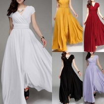 Elegant Solid Color Short Sleeve V-neck High Waist Dress