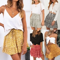 Fresh Style High Waist Ruffle Hem Printed Skirt