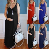 Sexy V-neck Solid Color High Waist Sling Maternity Dress