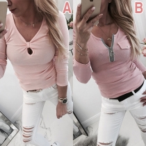 Fashion Solid Color Long Sleeve V-neck Slim Fit T-shirt
