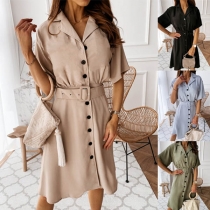 OL Style Short Sleeve Single-breasted Solid Color Shirt Dress