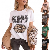 Fashion Leopard Lip Printed Short Sleeve Round Neck T-shirt