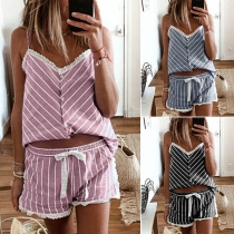 Sexy Backless V-neck Striped Sling Top + Shorts Nightwear Set