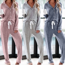 Fashion Solid Color Single-breasted Top + Pants Nightwear Set
