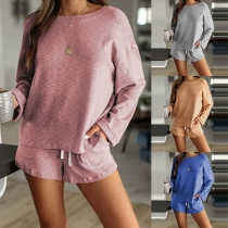 Fashion Solid Color Long Sleeve Top + Shorts Nightwear Set