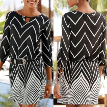 Fashion 3/4 Sleeve Round Neck Wavy-stripe Dress(Without belt)