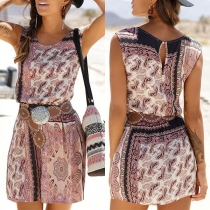 Bohemian Style Sleeveless Round Neck Printed Dress(Without Belt)