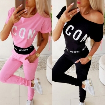 Fashion Letters Printed Short Sleeve Round Neck Sports Suit