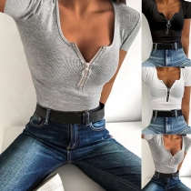 Fashion Solid Color Short Sleeve Round Neck Slim Fit T-shirt