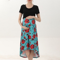 Fashion Printed Spliced Sleeveless Round Neck Breastfeeding Dress