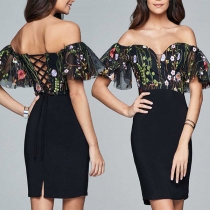 Sexy Off-shoulder Boat Neck Embroidered Spliced Party Dress