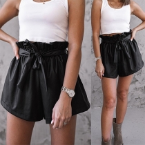 Fashion Solid Color High Waist PU Leather Shorts