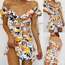 Sexy Off-shoulder Boat Neck Ruffle Hem Printed Dress