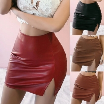 Sexy High Waist Slit Hem Solid Color PU Leather Skirt