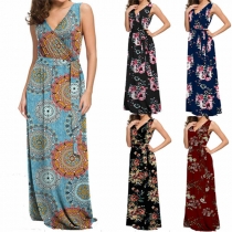 Fashion Sleeveless V-neck High Waist Printed Dress