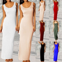 Simple Style Solid Color Round Neck Tank Dress(The size runs small)