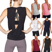 Sexy Backless Sleeveless Round Neck Solid Color Top