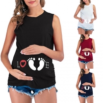 Cute Footprint Printed Sleeveless Maternity T-shirt