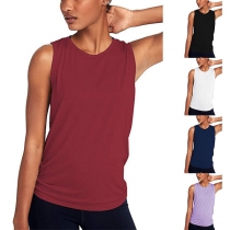 Fashion Solid Color Sleeveless Round Neck Slit Hem Sports Top