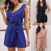 Fashion Solid Color Sleeveless V-neck High Waist Romper