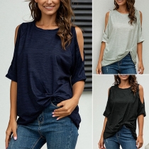 Sexy Off-shoulder Short Sleeve Round Neck twisted Hem T-shirt