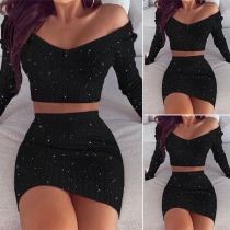 Sexy Long Sleeve V-neck Crop Top + Skirt Two-piece Set