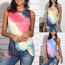 Fashion Tie-dye Printed Sleeveless Twisted Hem T-shirt