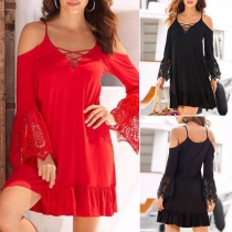 Sexy Off-shoulder Lace Spliced Trumpet Sleeve Sling Dress