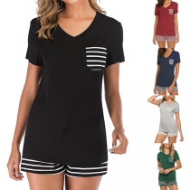 Fashion Striped Spliced Short Sleeve V-neck T-shirt + Shorts Two-piece Set