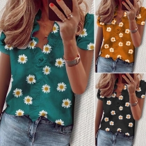 Fashion Short Sleeve V-neck Daisy printed Ruffle Blouse