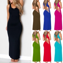 Sexy Backless Sleeveless Round Neck Solid Color Party Dress