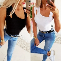 Sexy Sleeveless Oblique V-neck Hollow Out Slim Fit Tank Top