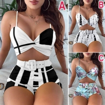 Sexy Backless V-neck Printed SLing Top + Shorts Two-piece Set