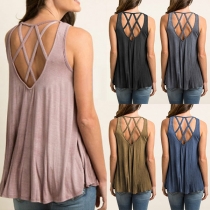 Sexy Backless Sleeveless Round Neck Solid Color Top