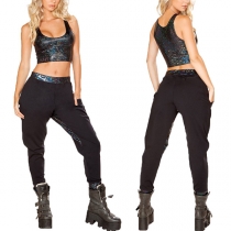 Sexy Sleeveless Sequin Crop Top + Pants Two-piece Set