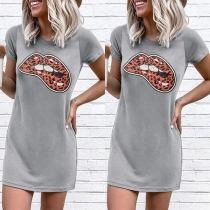 Fashion Leopard Lip Printed Short Sleeve T-shirt Dress