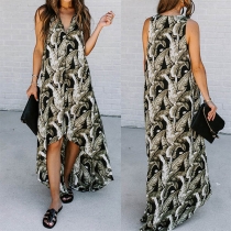 Fashion Sleeveless V-neck High-low Hem Printed Dress