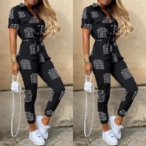 Fashion Letters Printed Short Sleeve POLO Collar High Waist Jumpsuit