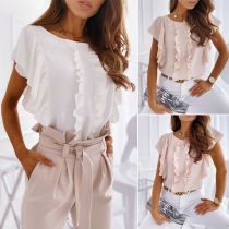 Sweet Style Lotus Sleeve Round Neck Ruffle Blouse