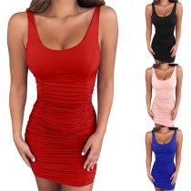 Sexy Backless Sleeveless Solid Color Slim Fit Wrinkled Dress